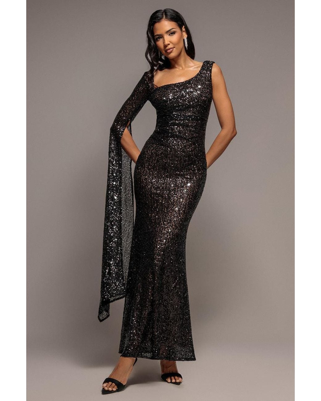 Goddiva Brown One Side Cape Sleeve Sequin Maxi Dress