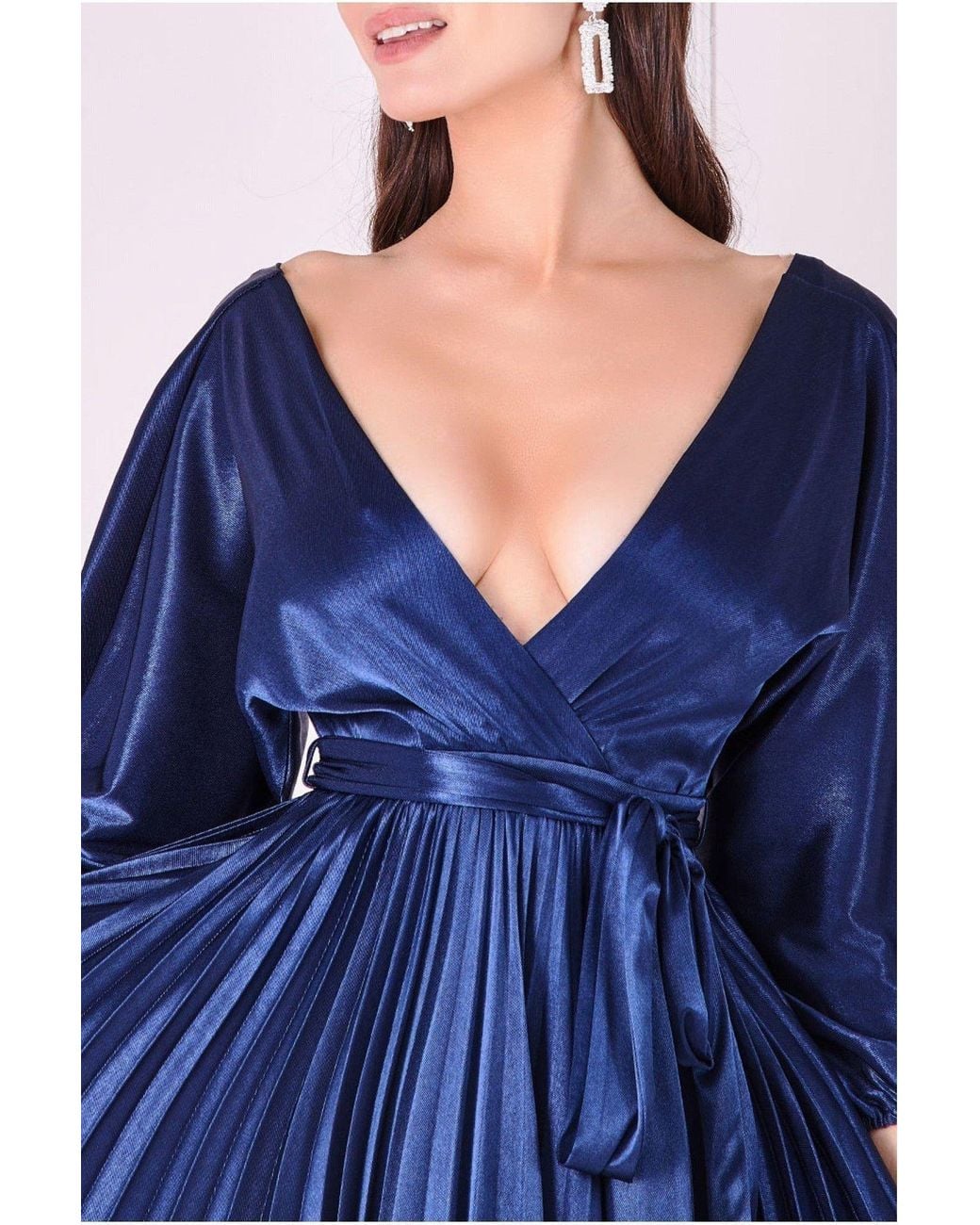 Goddiva Blue Satin Pleated Skirt Wrap Midi Dress