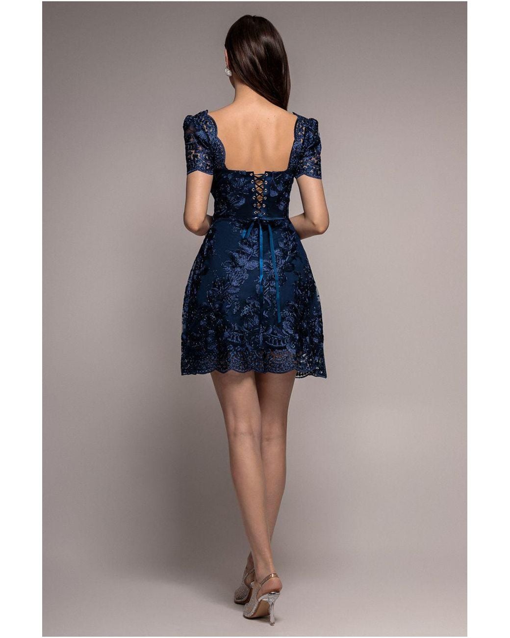 Goddiva Scallop Edge Corset Back Structured Lace Mini Dress in Blue | Lyst