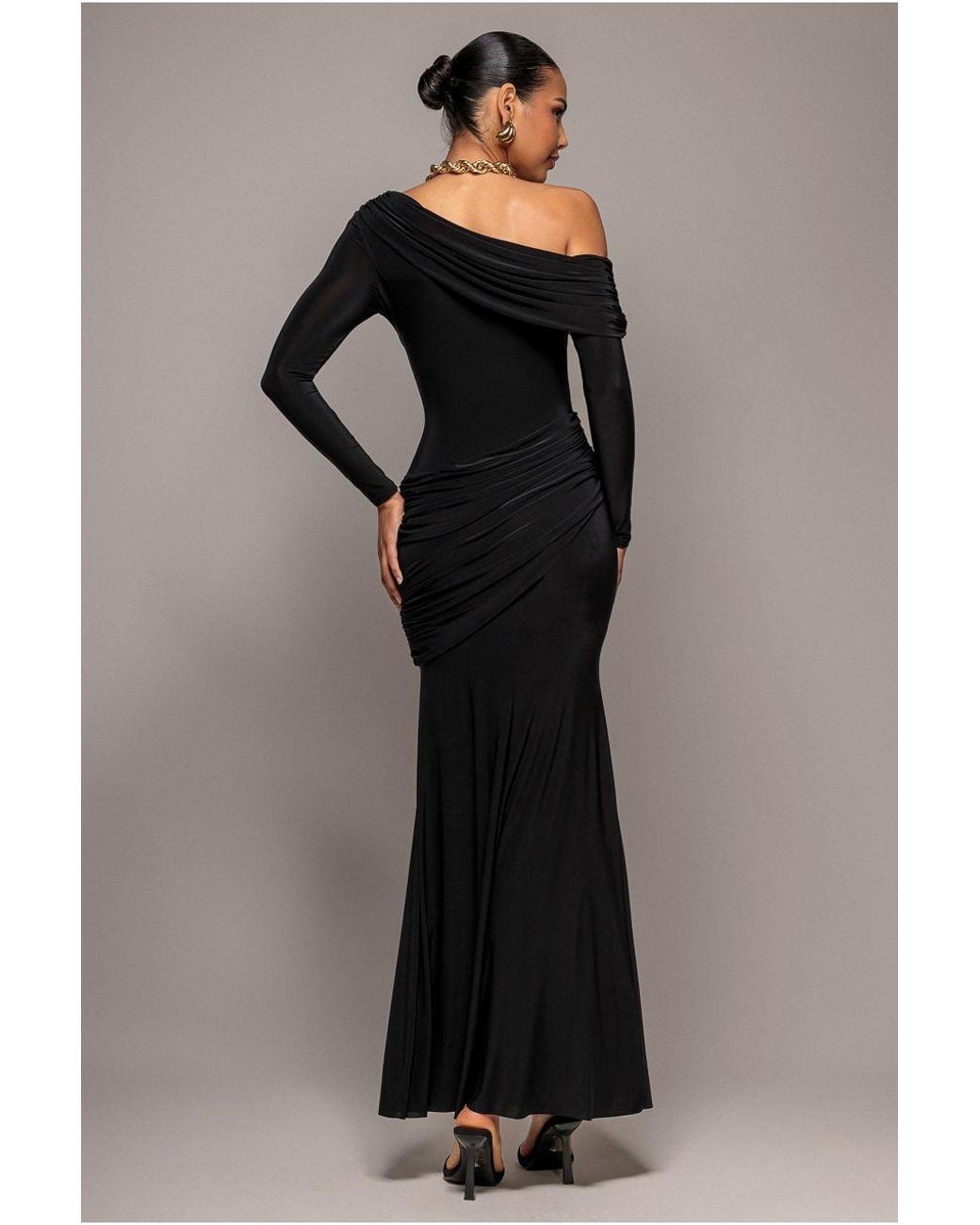 Goddiva Black Off Shoulder Gathered Panel Soft Touch Maxi Dress