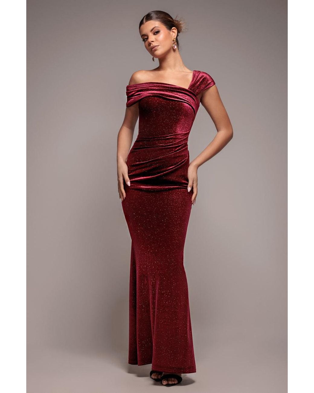 Goddiva Red Glitter Velvet One Shoulder Maxi Dress