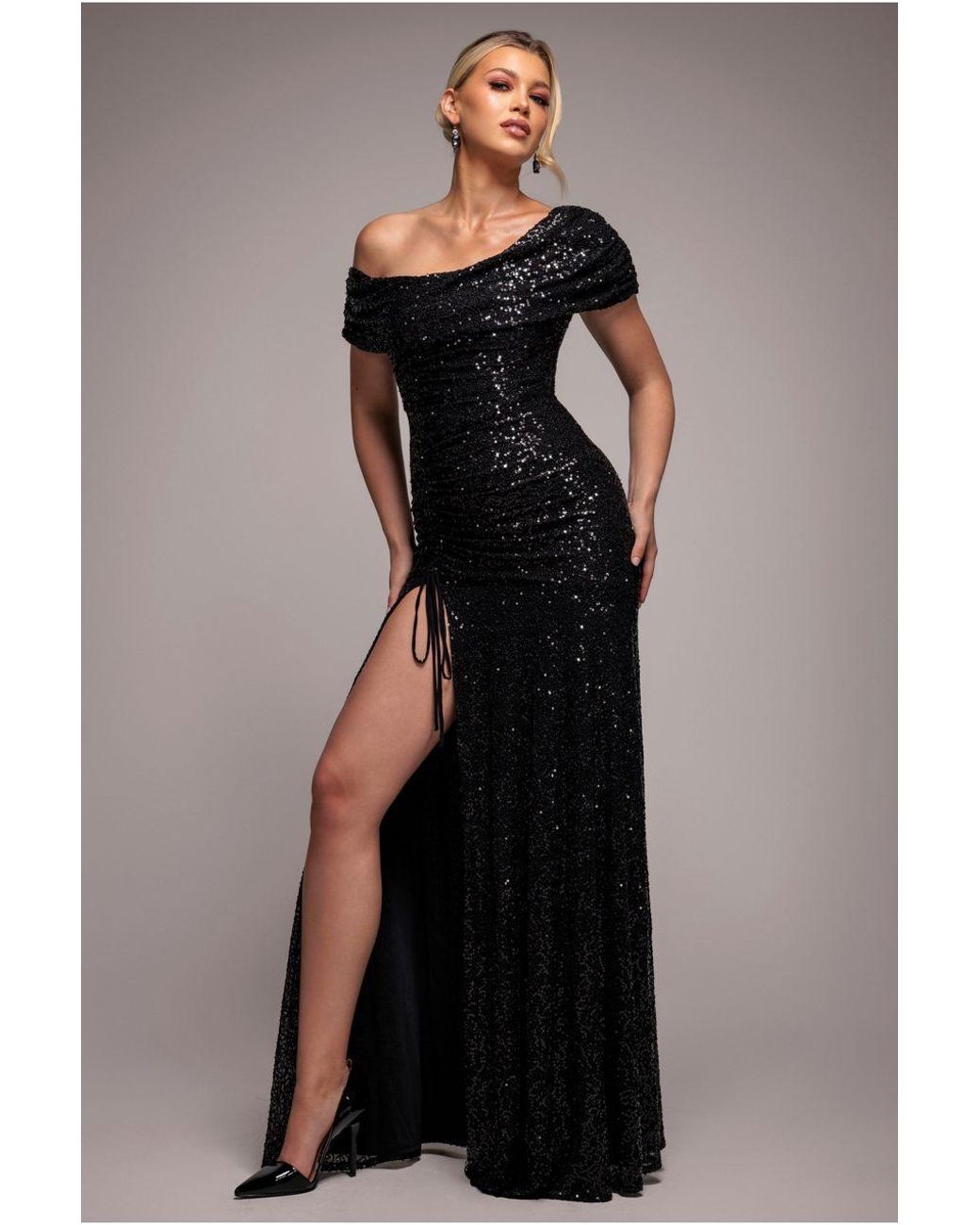 Goddiva Black Off The Shoulder Sequin Cowl Drawstring Maxi Dress