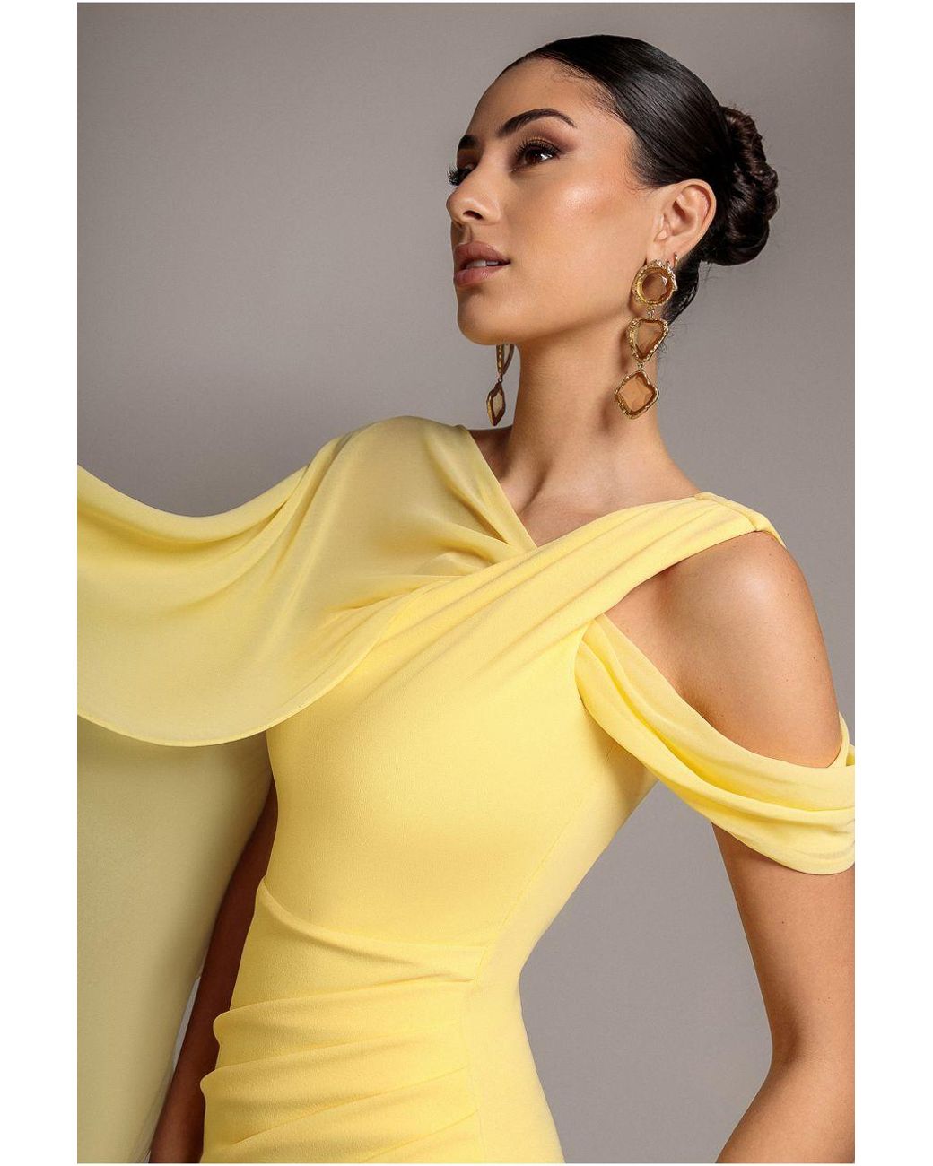 Goddiva Multicolor One Shoulder Chiffon Cape Crepe Maxi Dress