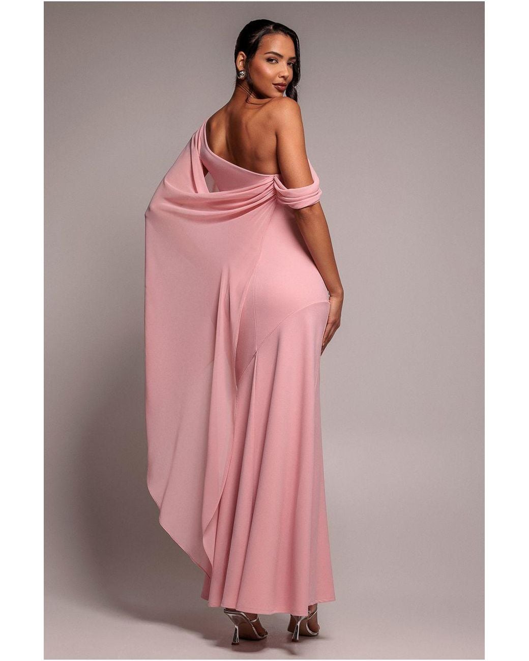 Goddiva Pink One Shoulder Cape Scuba & Chiffon Maxi Dress