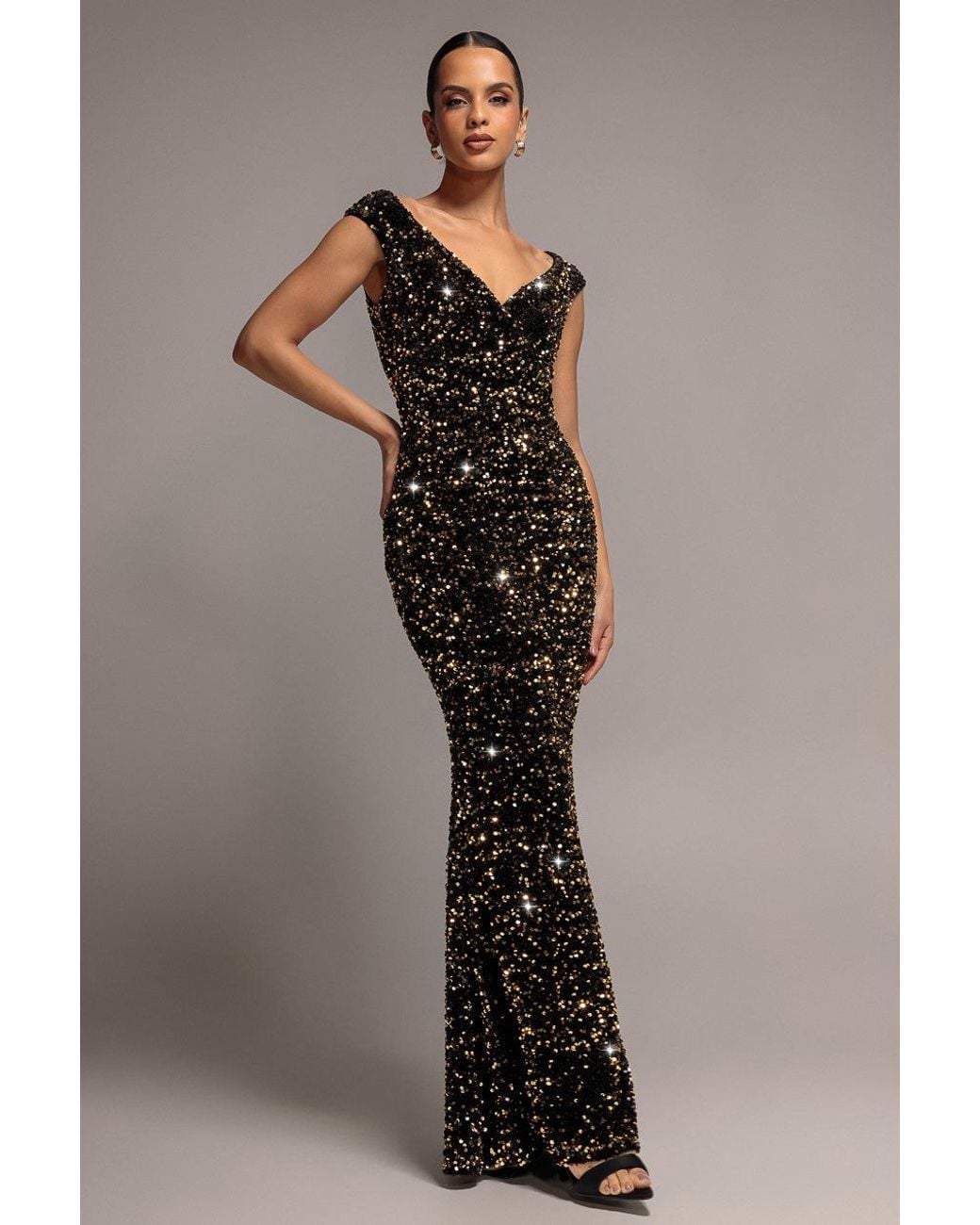 Goddiva Metallic Multi Sequin & Velvet Bardot Maxi