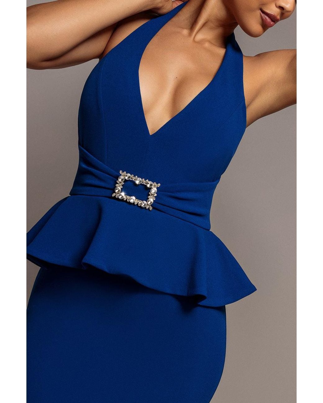 Goddiva Blue Peplum Halter Neck Maxi Dress With Diamante Buckle