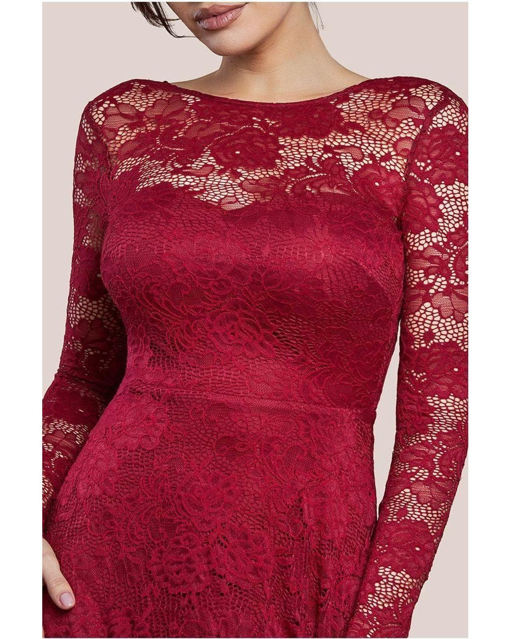 Goddiva Red Scalloped Lace A-Line Maxi Dress