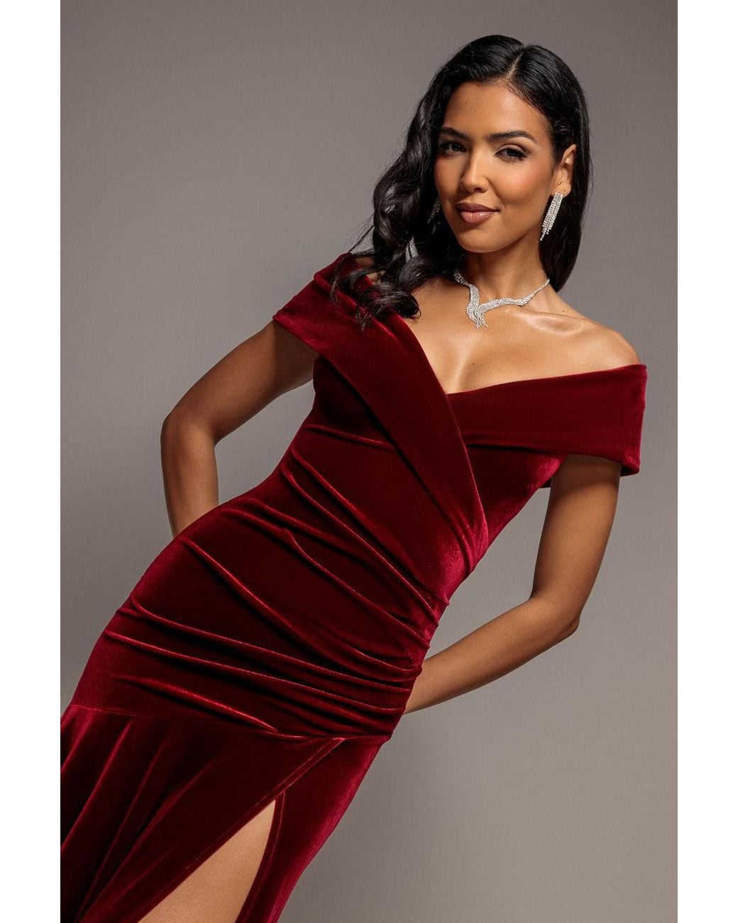 Goddiva Red Velvet Off Shoulder Pleated A Line Maxi Dress