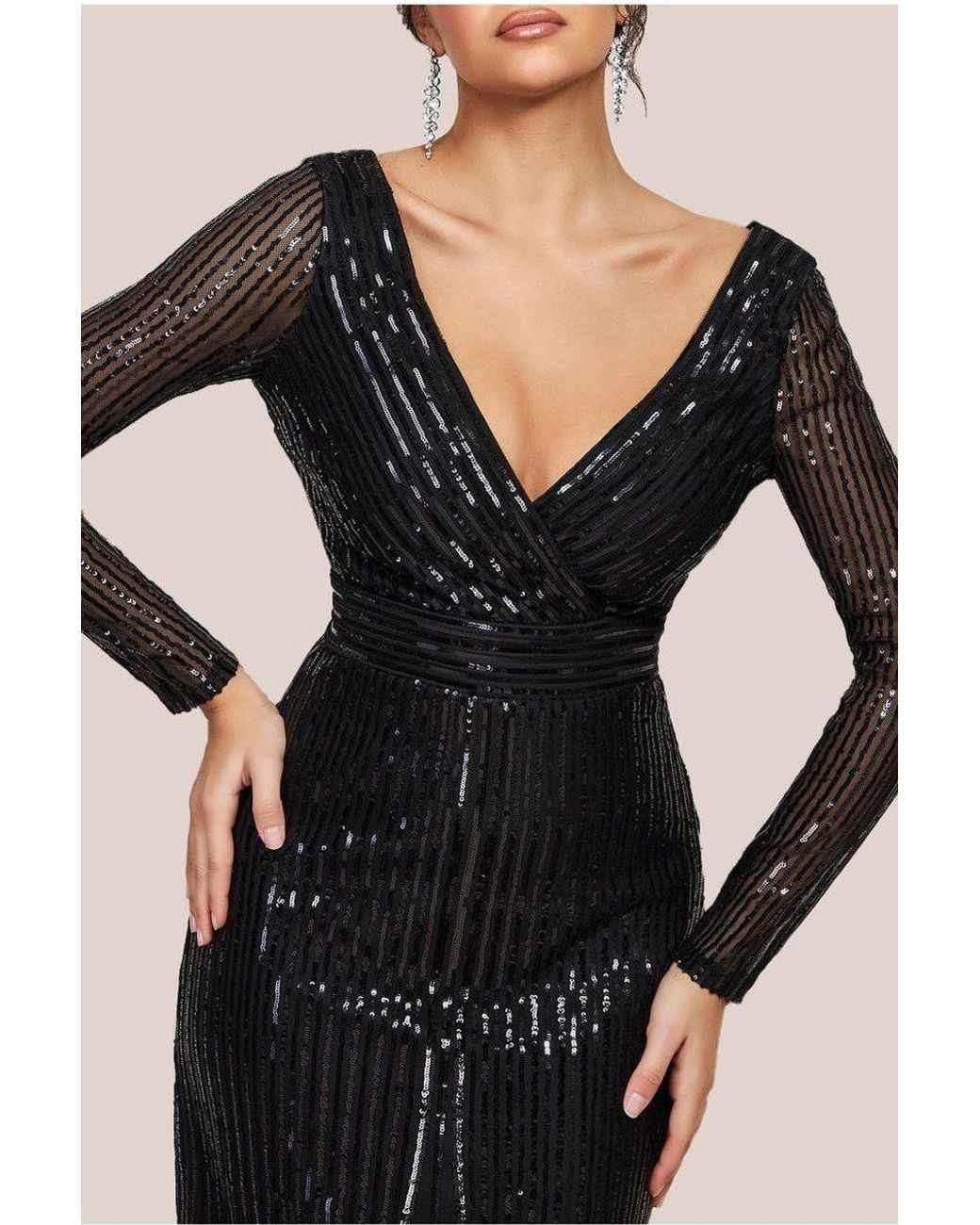 Goddiva Long Sleeve Sequin V Wrap Maxi Dress in Black | Lyst