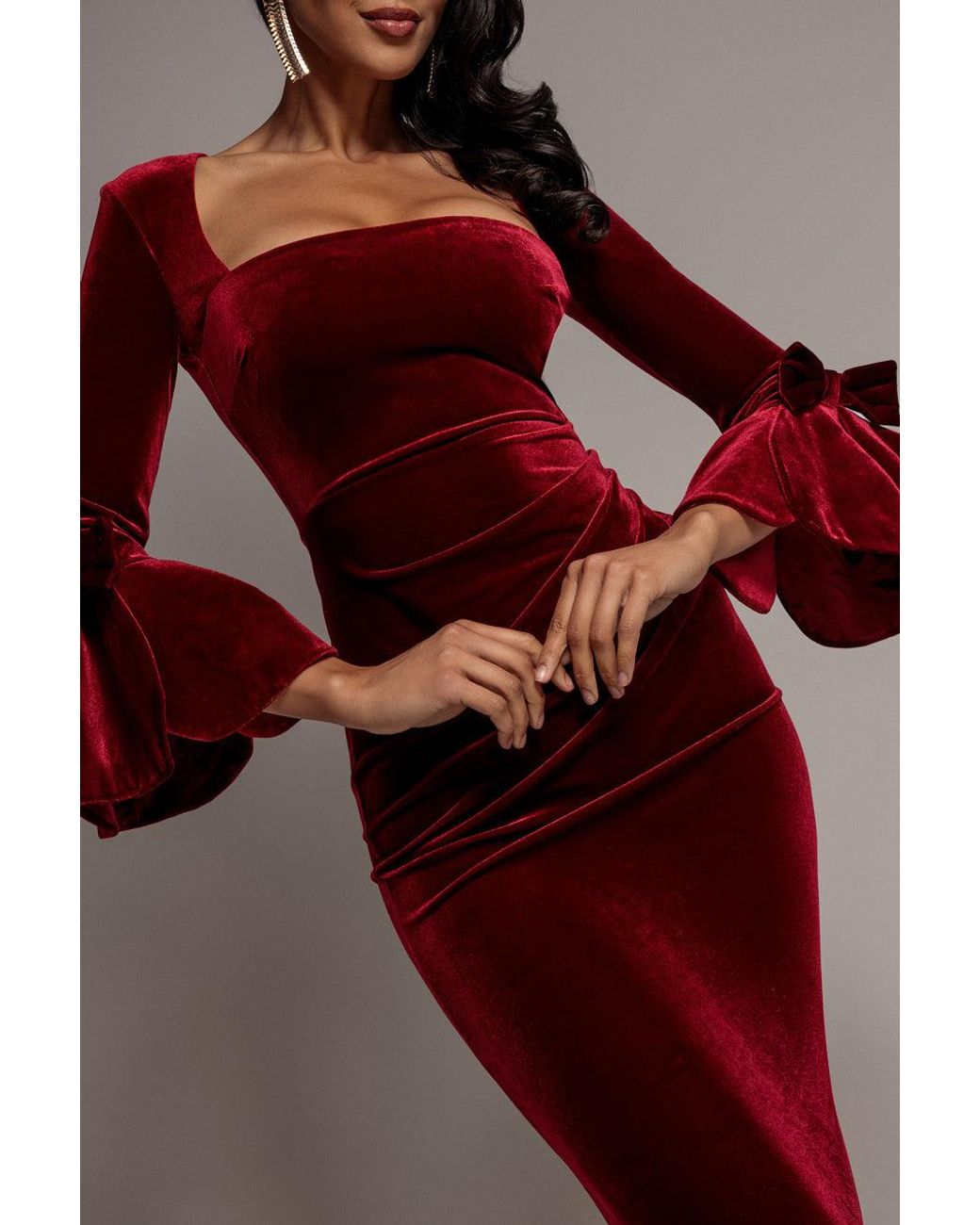 Goddiva Red Petal Bow Sleeve Frill Velvet Midi Dress