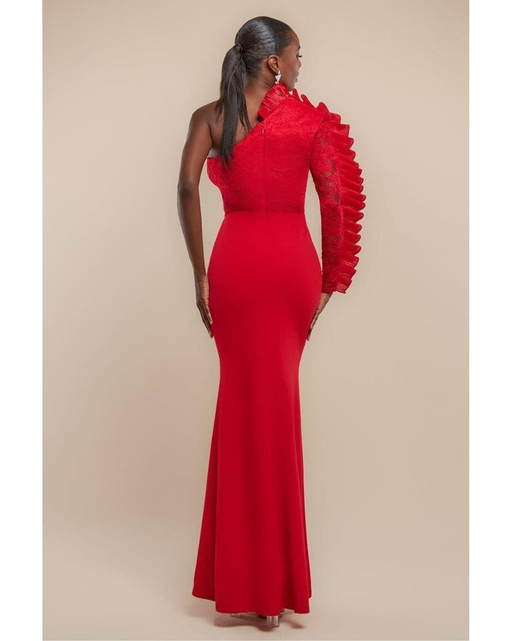 Goddiva Red One Shoulder Organza Fan Detail Lace Bodice Maxi Dress