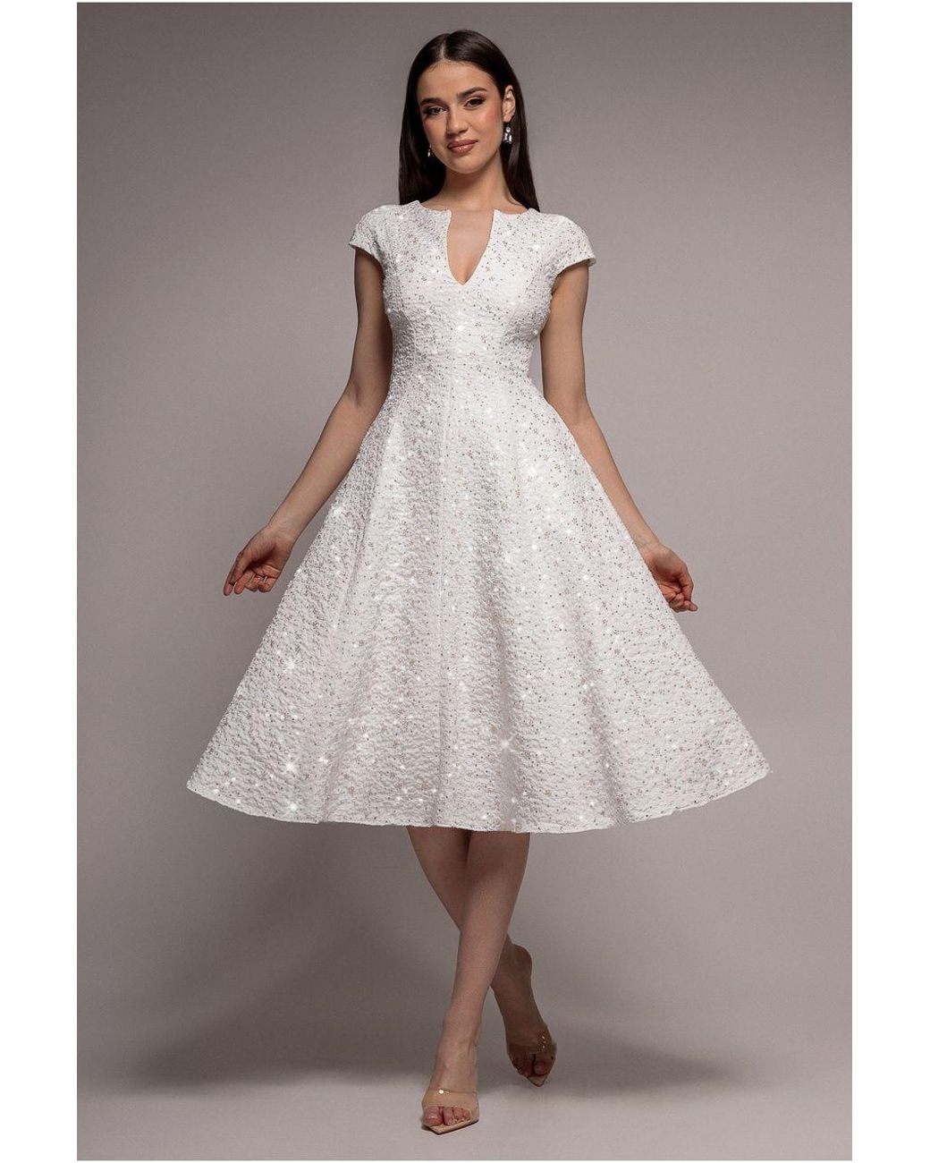 Goddiva Gray Bead Embellished Jacquard A Line Midi Dress