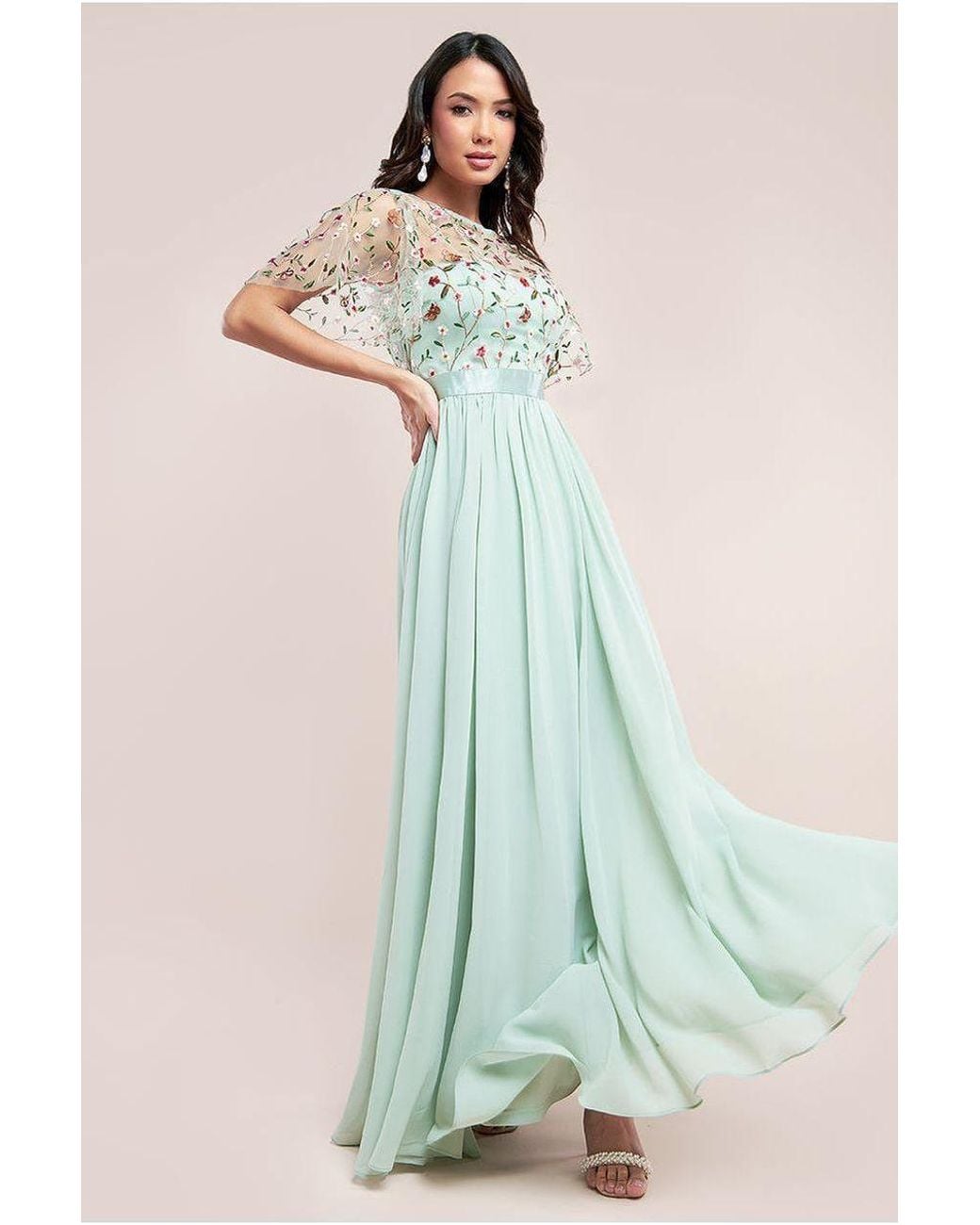 Goddiva Green Embroidered Top Flutter Sleeve Maxi