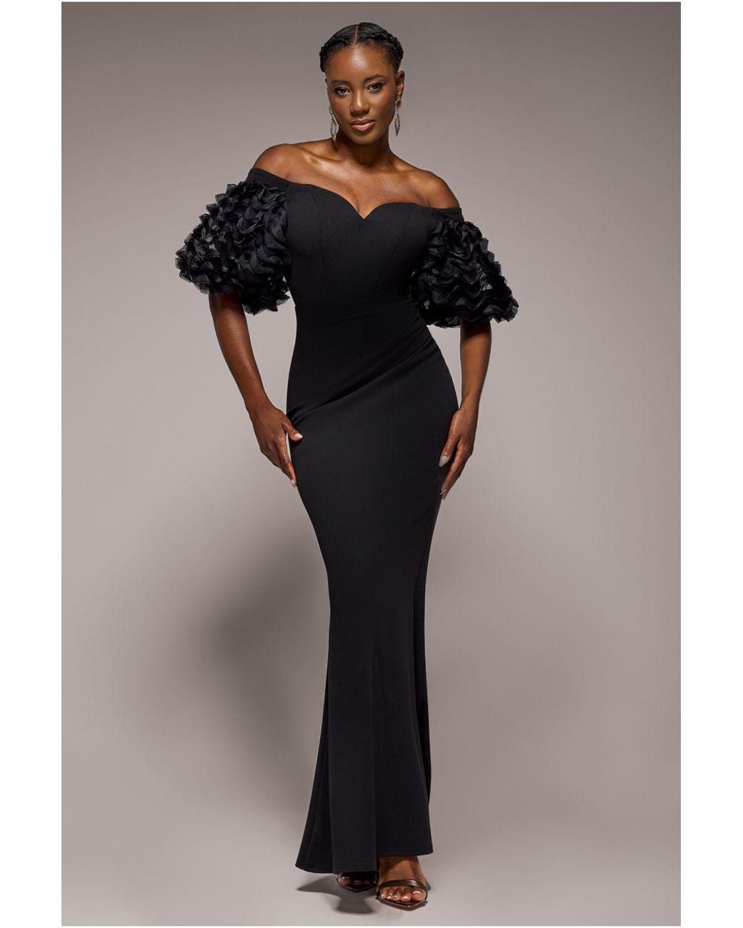 Goddiva Black Off The Shoulder 3D Puffed Sleeve Sweetheart Maxi Dress