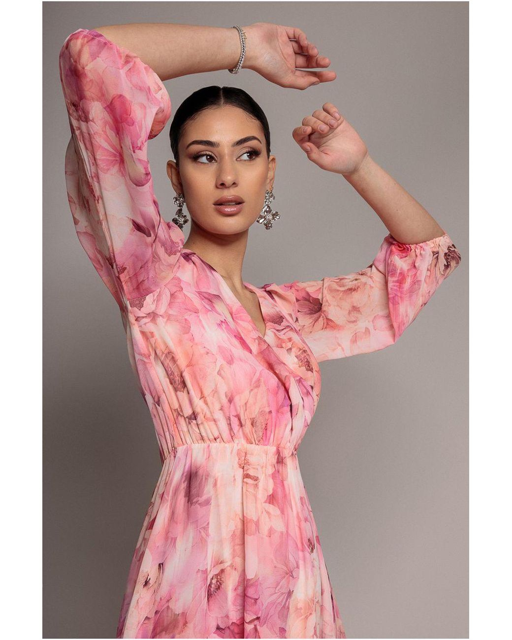 Goddiva Pink Floral Print Wrap A Line Midi Dress