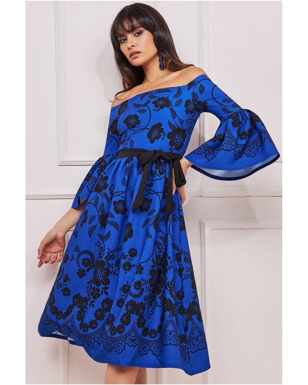 Goddiva Blue Printed Off The Shoulder Midi Dress