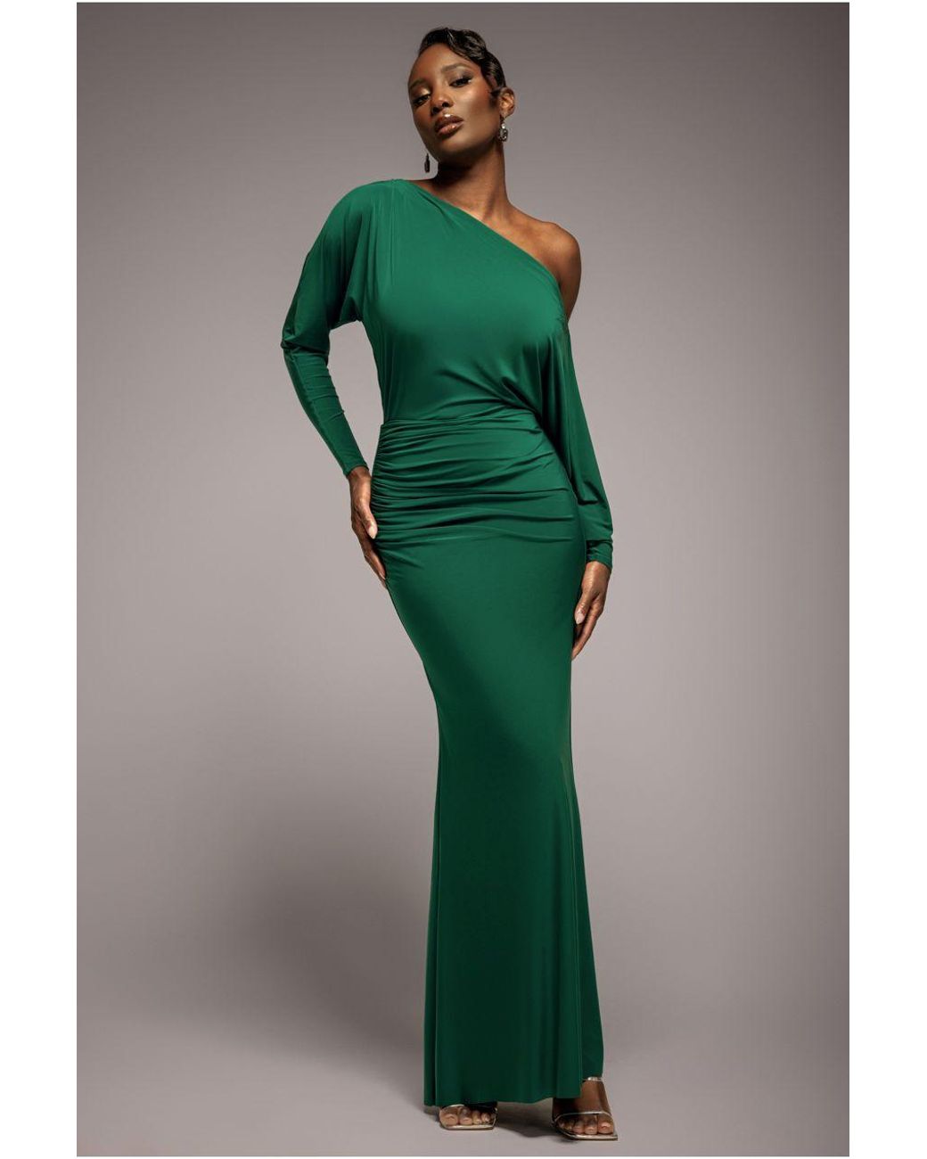 Goddiva Green Bat Wing Elasticated Side Gather Maxi Dress