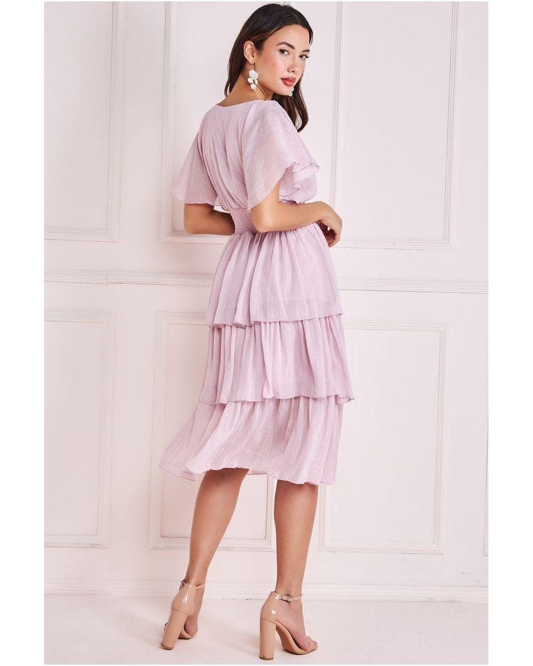Goddiva Pink Plain Lurex Chiffon Tiered Dress