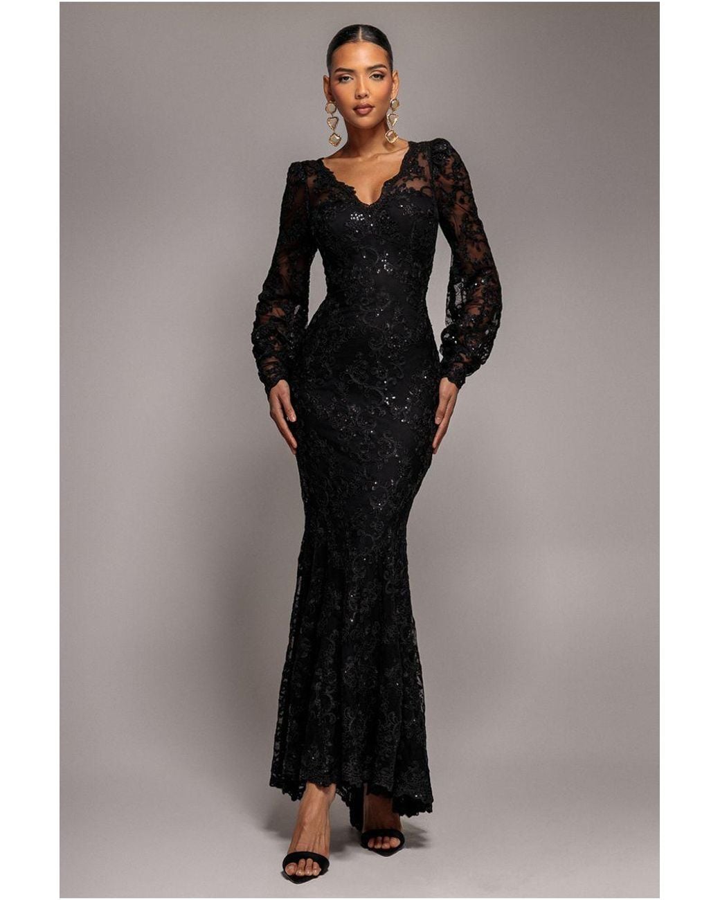 Goddiva Blue Embroidered Lace Scalloped Edge Maxi Dress