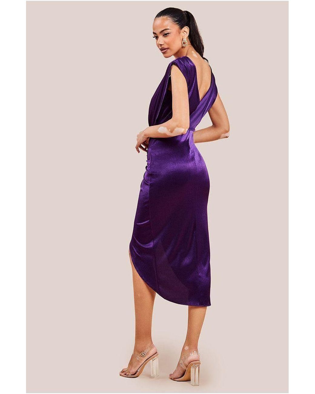 Goddiva Purple Satin Wrap Knotted Midi Dress