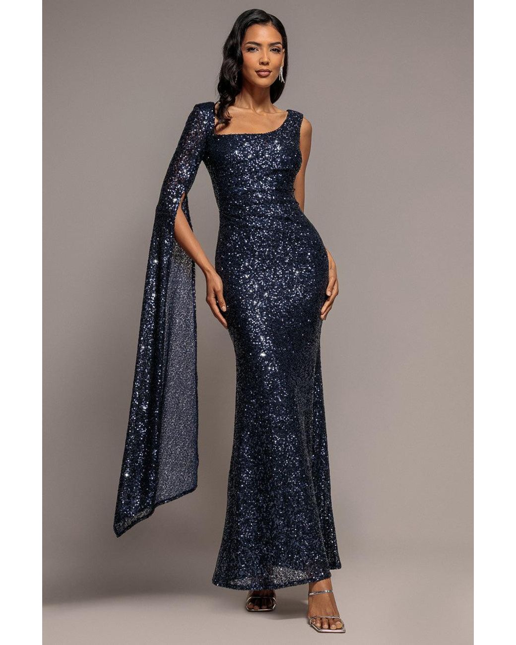 Goddiva Blue One Side Cape Sleeve Sequin Maxi Dress