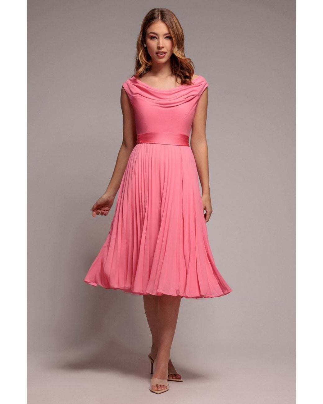Goddiva Red Cowl Neck Pleated A-Line Chiffon Midi Dress