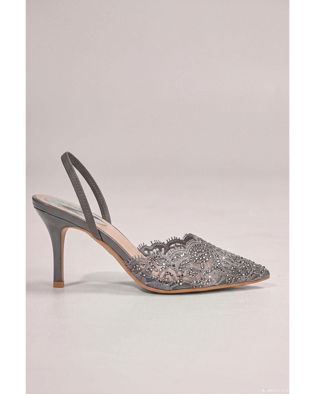 Goddiva Gray Embellished Scalloped Edged Lace Slingback Heels