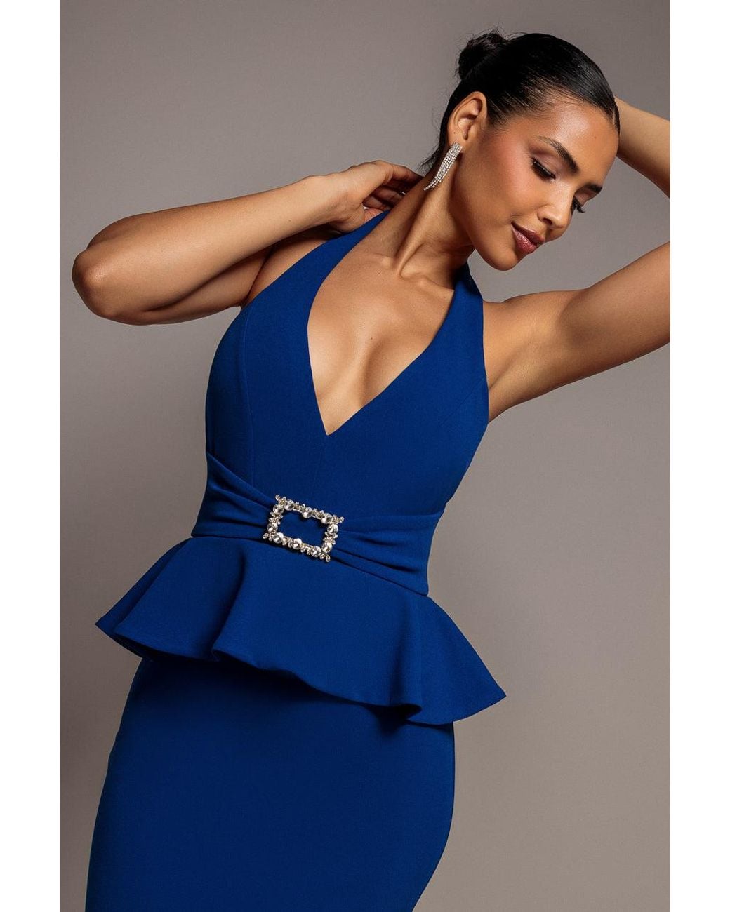 Goddiva Blue Peplum Halter Neck Maxi Dress With Diamante Buckle