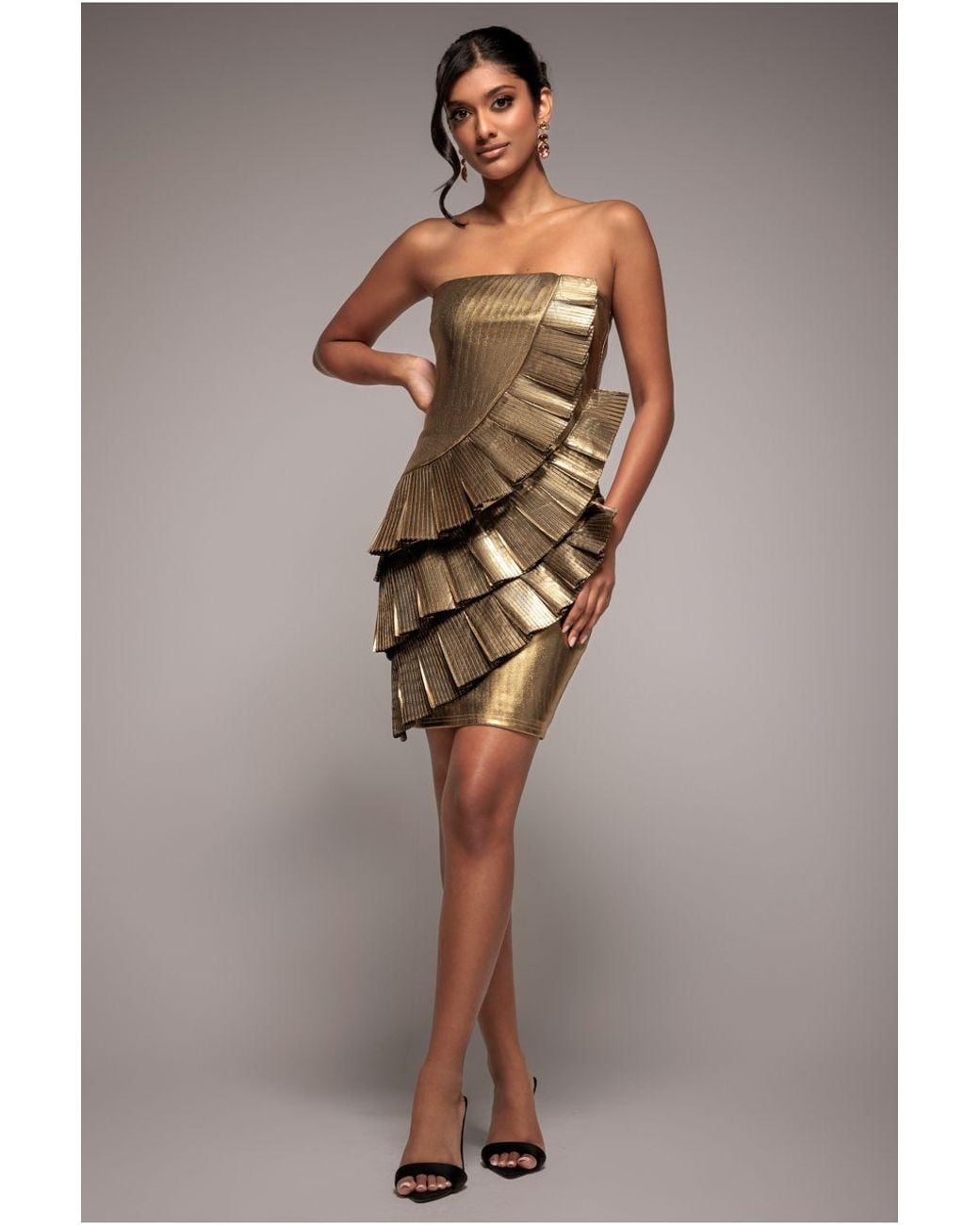 Goddiva Metallic Fan Pleated Boobtube Scuba Crepe Mini