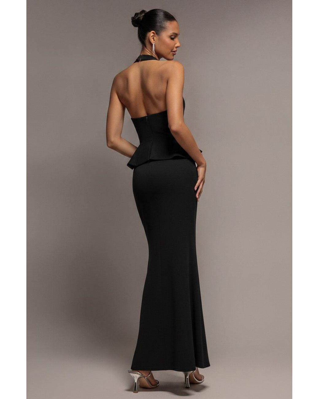 Goddiva Black Peplum Halter Neck Maxi Dress With Diamante Buckle
