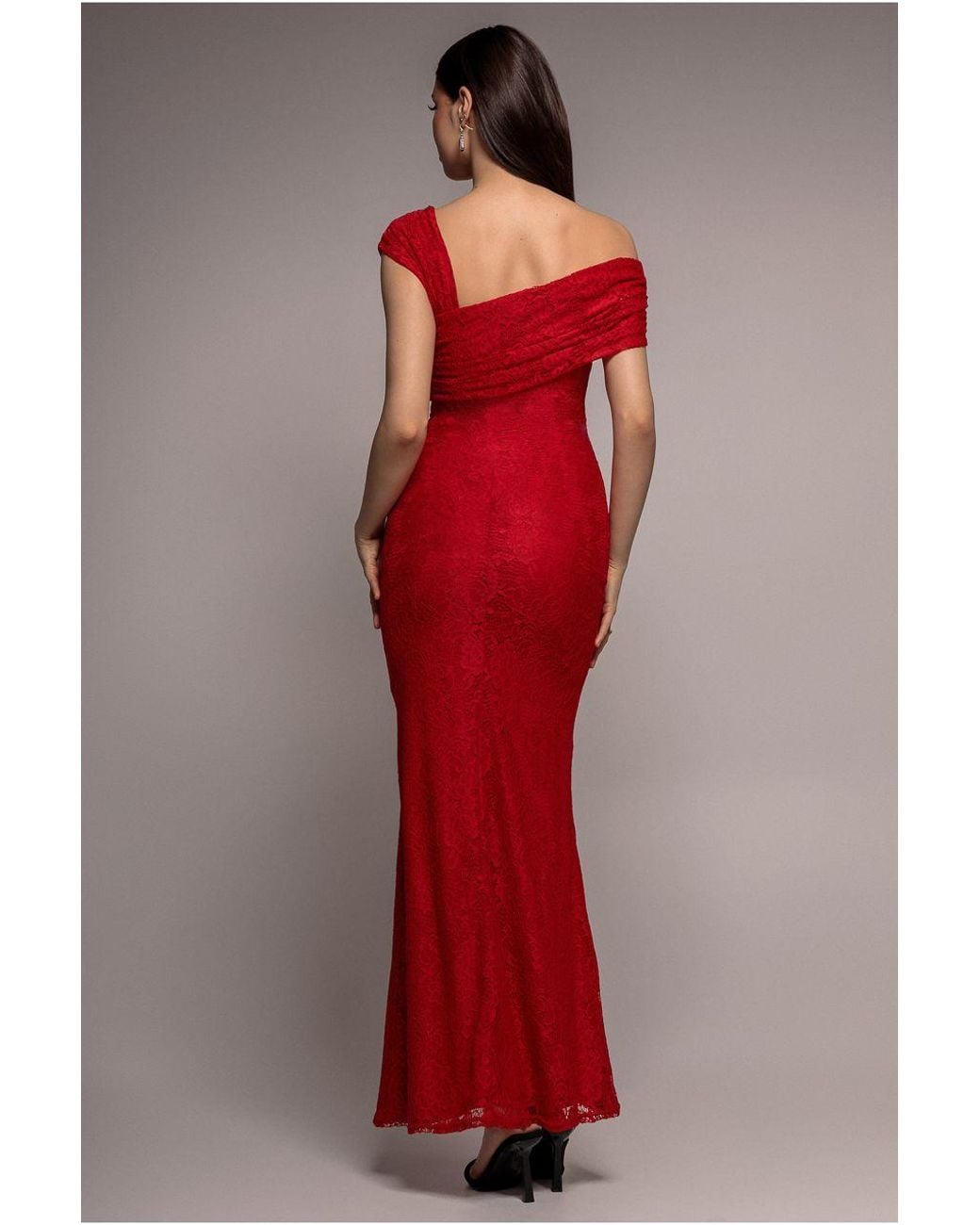 Goddiva Red One Shoulder Pleated Bardot Lace Maxi Dress