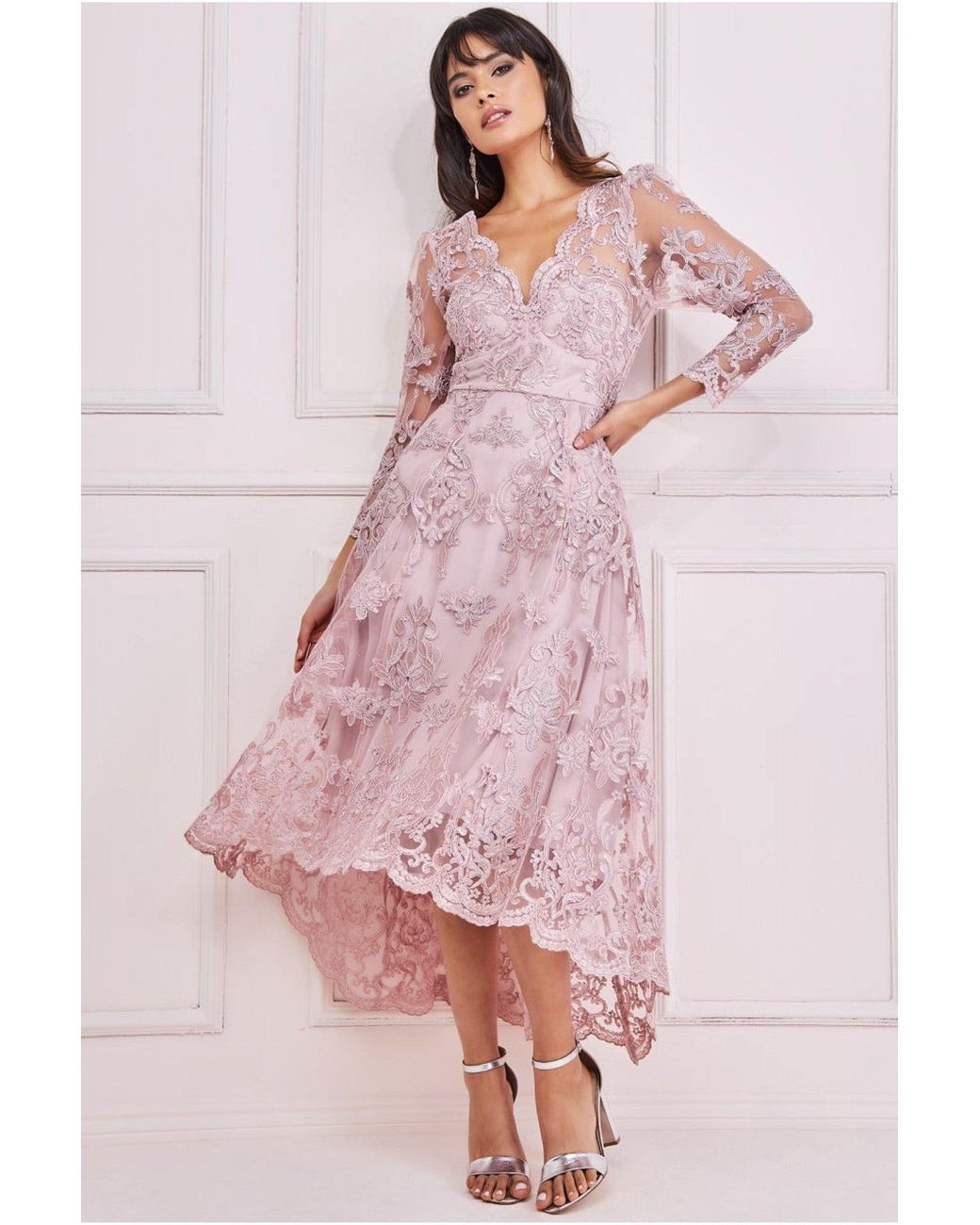 knee length dresses for ladies Goddiva Scalloped Hem Starburst Midi Dress - Emerald