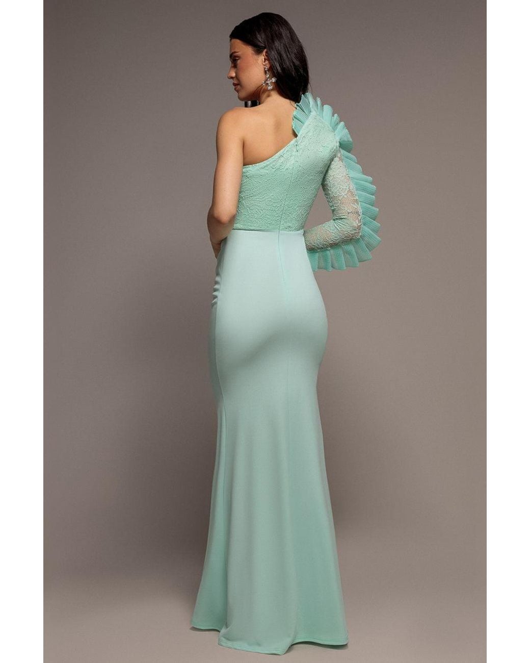 Goddiva Blue One Shoulder Organza Fan Detail Lace Bodice Maxi Dress