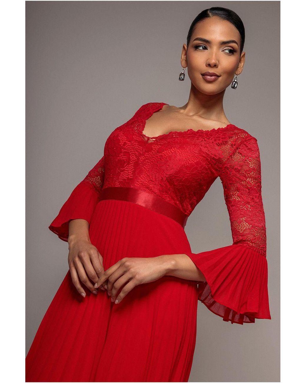 Goddiva Red Scalloped Lace Bodice Pleated Chiffon A Line Maxi Dress