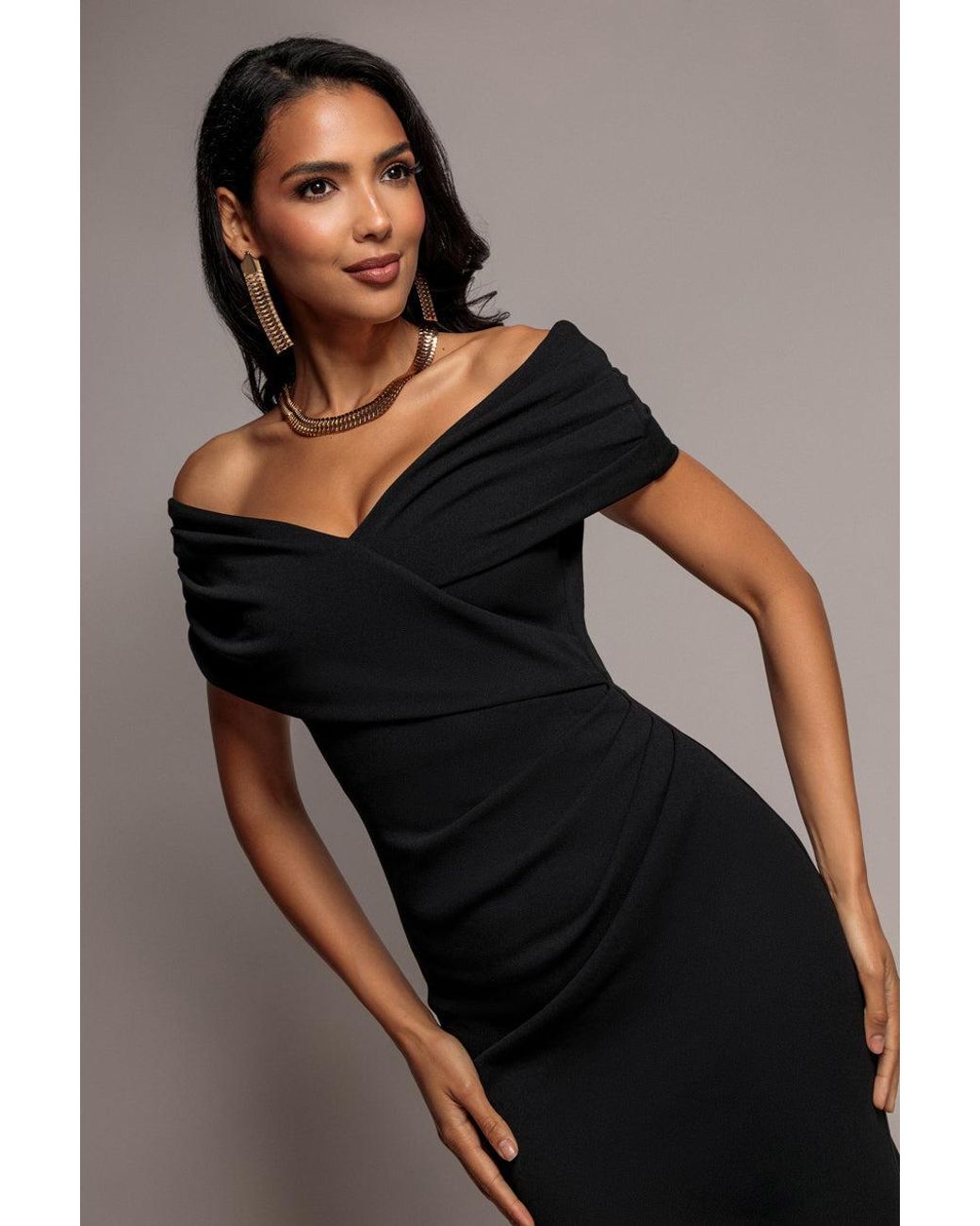 Goddiva Black Pleated Bardot Wrap Mermaid Maxi Dress