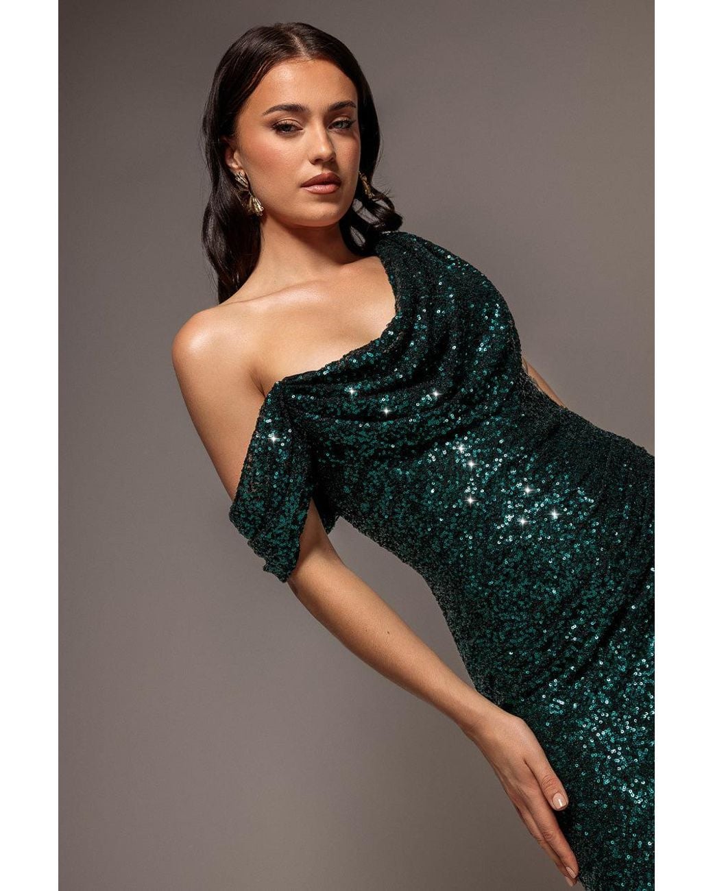 Goddiva Multicolor Sequin Cowl One Shoulder Maxi Dress