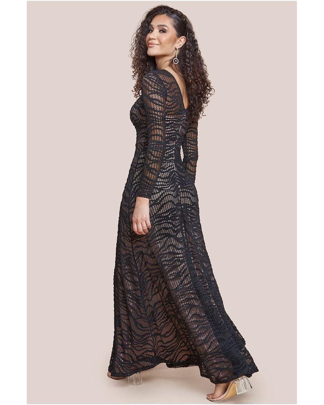 Goddiva Black Geo Wave Flare Skirt Long Sleeve Dress