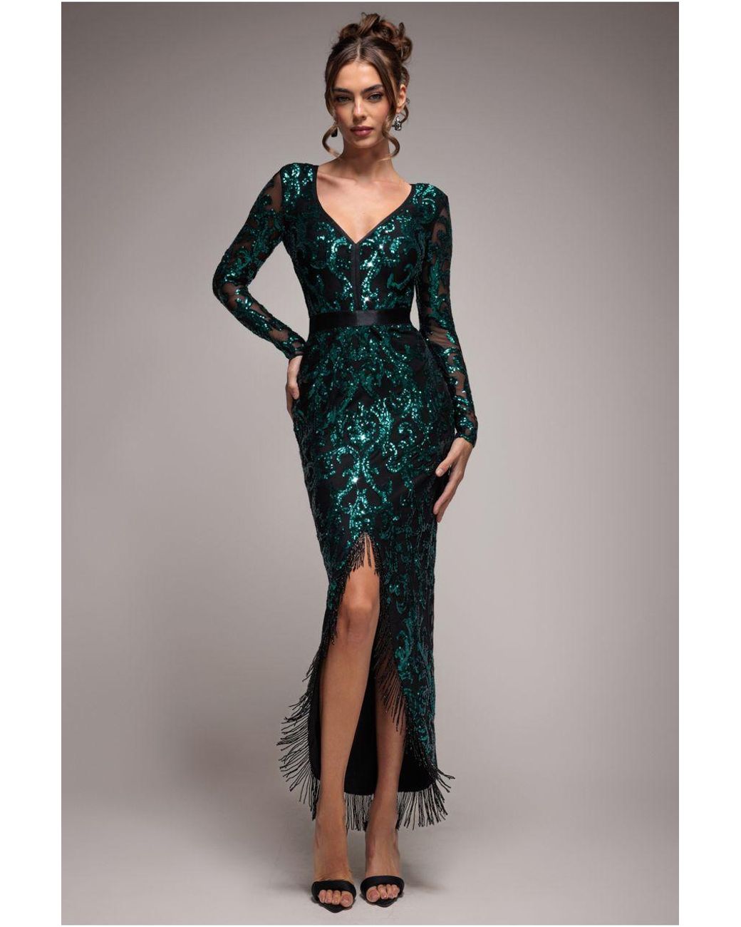 Goddiva Blue Sequin Tassel Maxi Dress With Thigh Slit