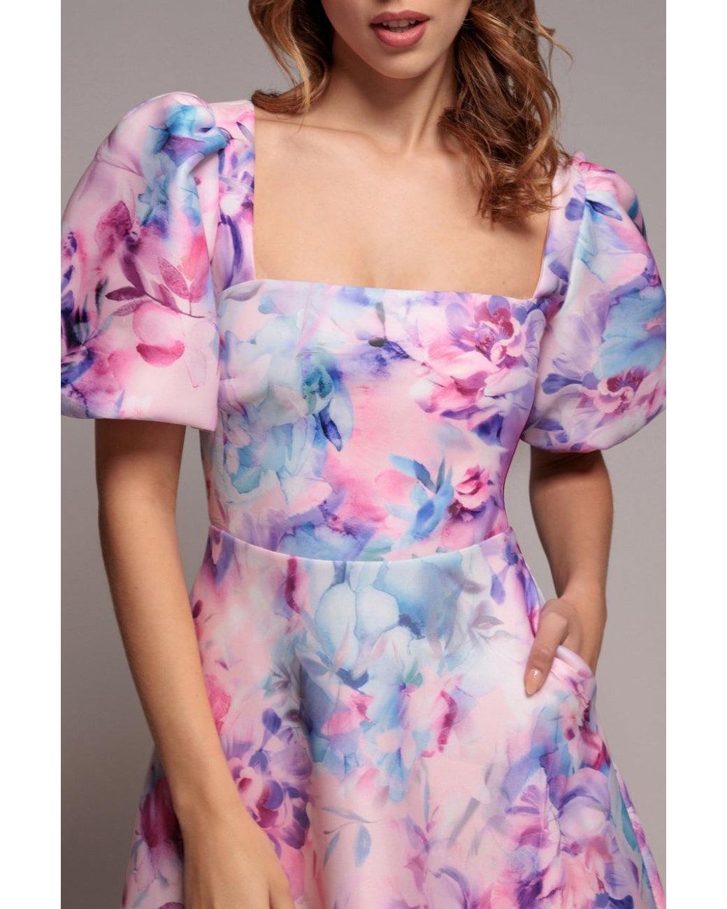 Goddiva Pink Printed Scuba Square Neck Puff Sleeve Midi Dress