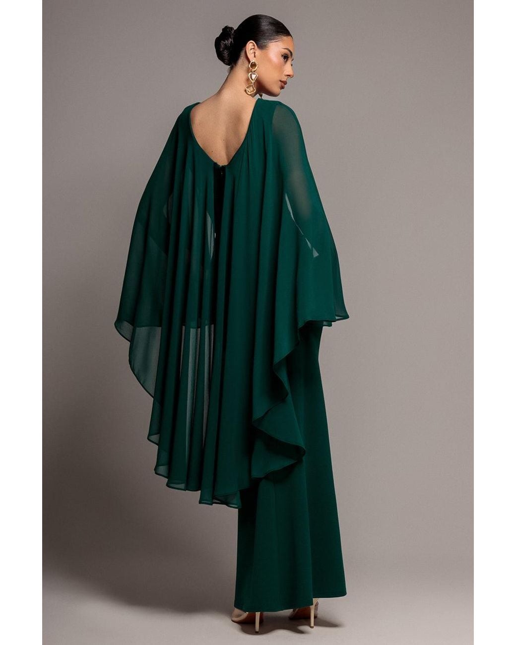 Goddiva Green Cape Sleeve Chiffon And Scuba Crepe Maxi Dress