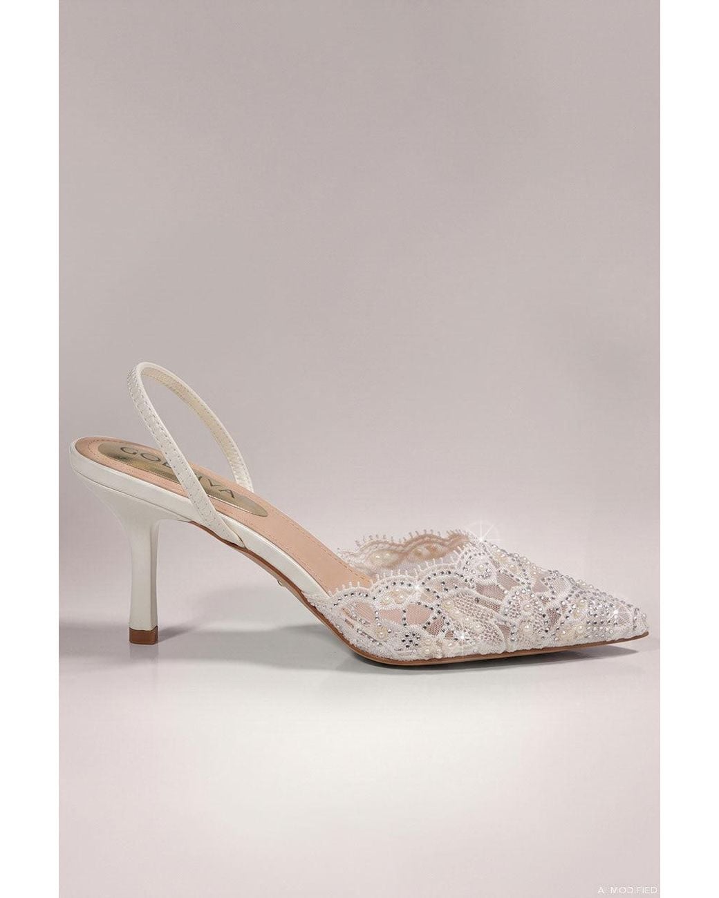 Goddiva Natural Embellished Scalloped Edged Lace Slingback Heels