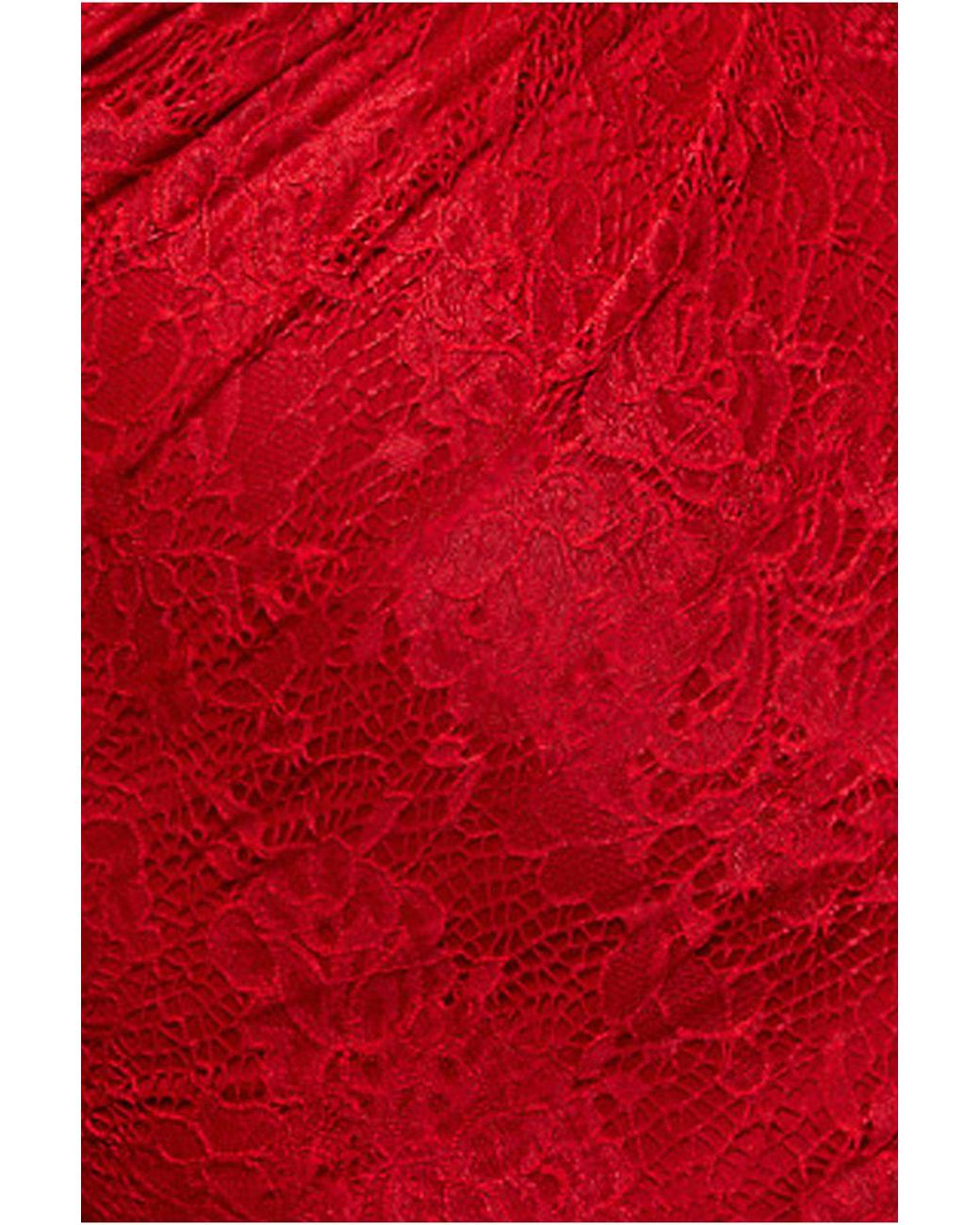 Goddiva Red One Shoulder Pleated Bardot Lace Maxi Dress