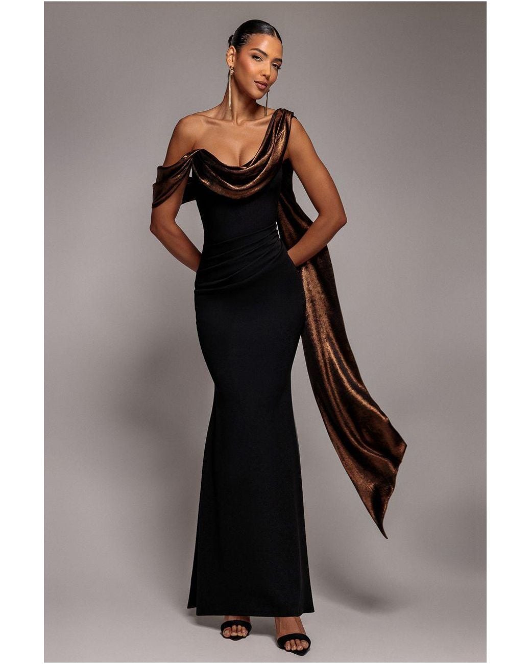 Goddiva Multicolor Foil Chiffon Cowl One Shoulder Cape Maxi Dress