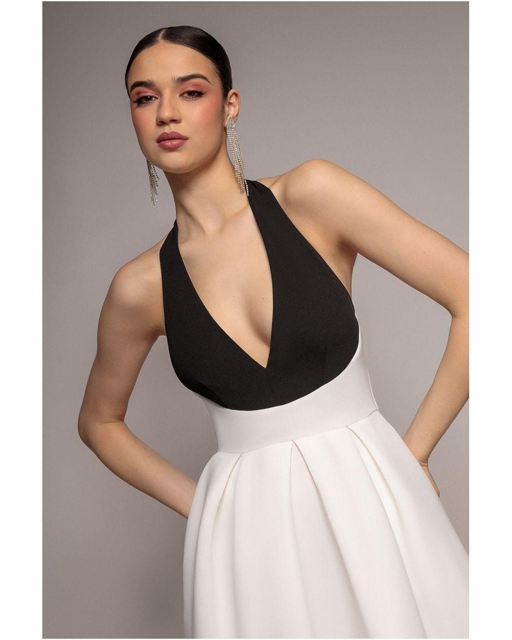 Goddiva White Contrast Halter Neck Pleated A Line Midaxi Dress