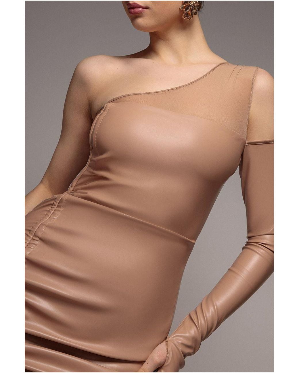 Goddiva Gray One Shoulder Faux Leather Mini Dress