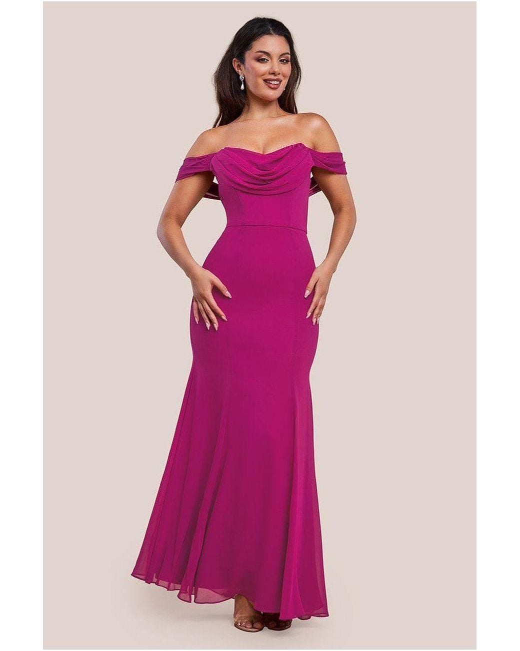 Goddiva Chiffon Bardot Cowl Neck Maxi Dress in Pink | Lyst UK