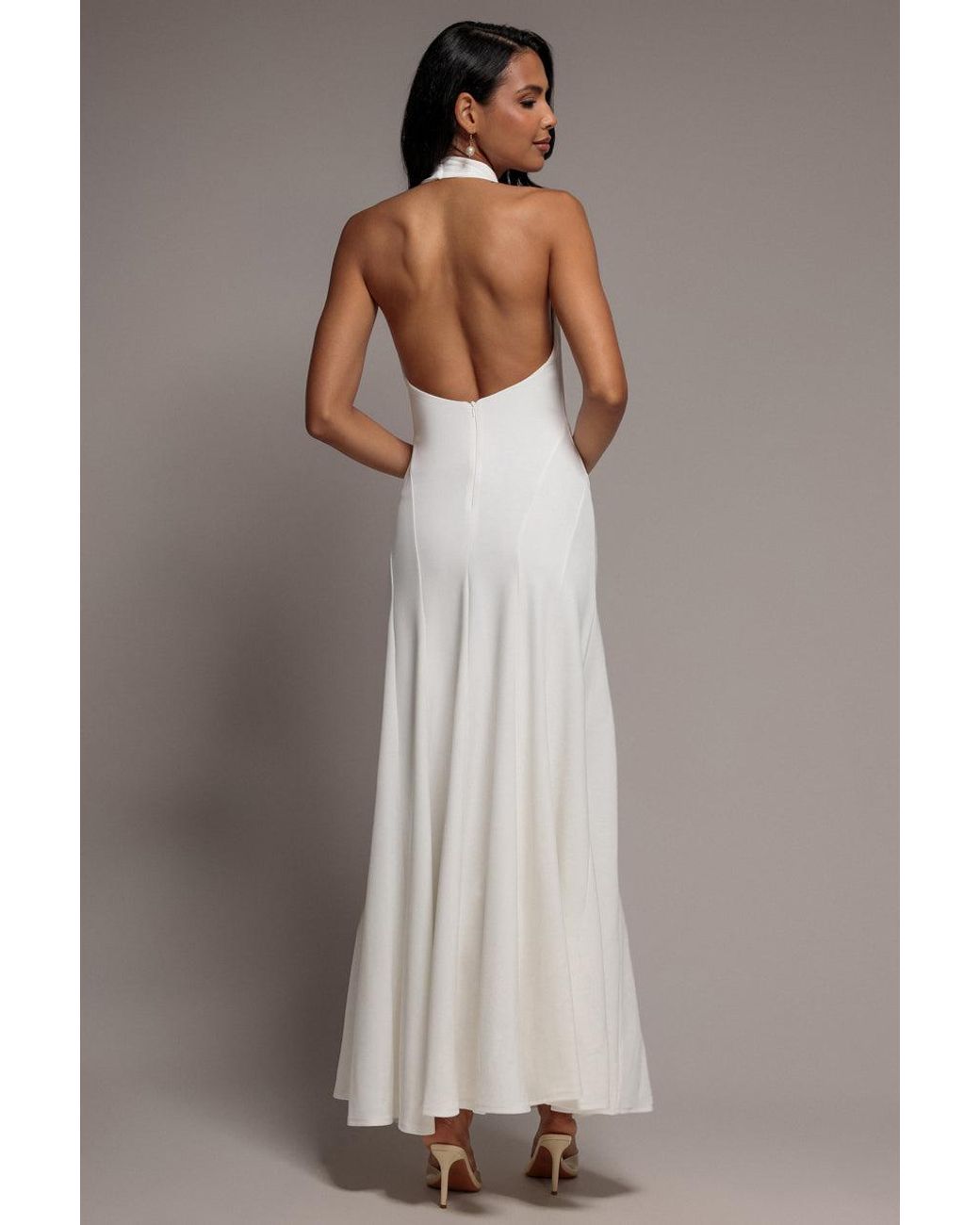Goddiva Gray Halterneck Cowl Neck Backless Scuba Crepe Maxi Dress