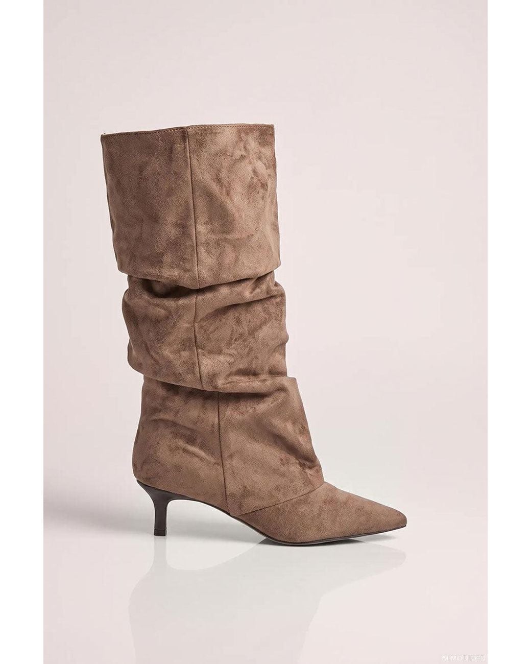Goddiva Brown Pointed-Toe Knee High Slouchy Kitten Heel Boots