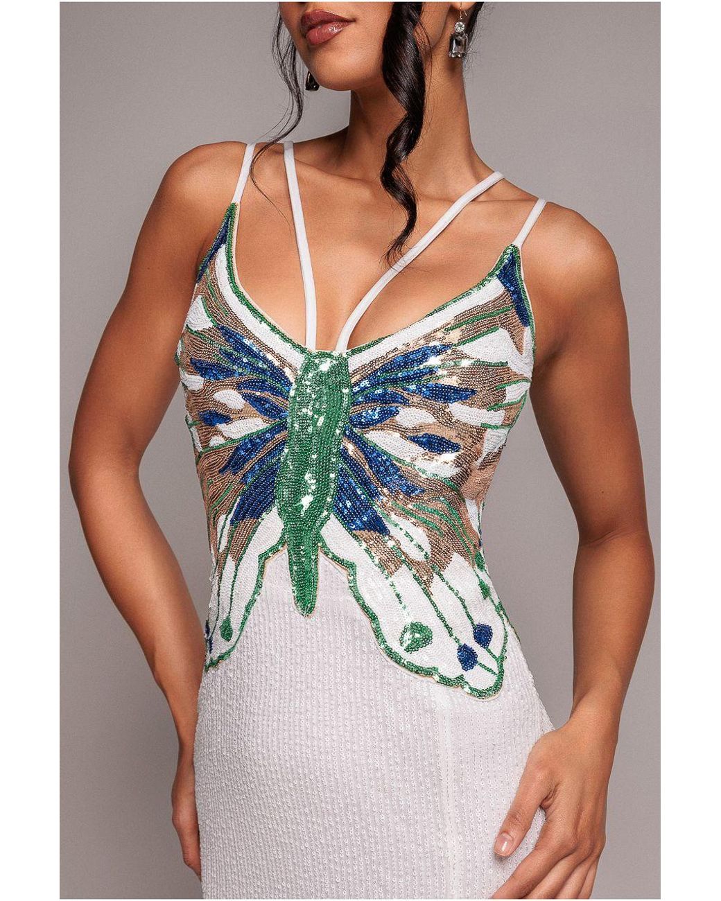 Goddiva Natural Sequin Butterfly Front Split Maxi Dress