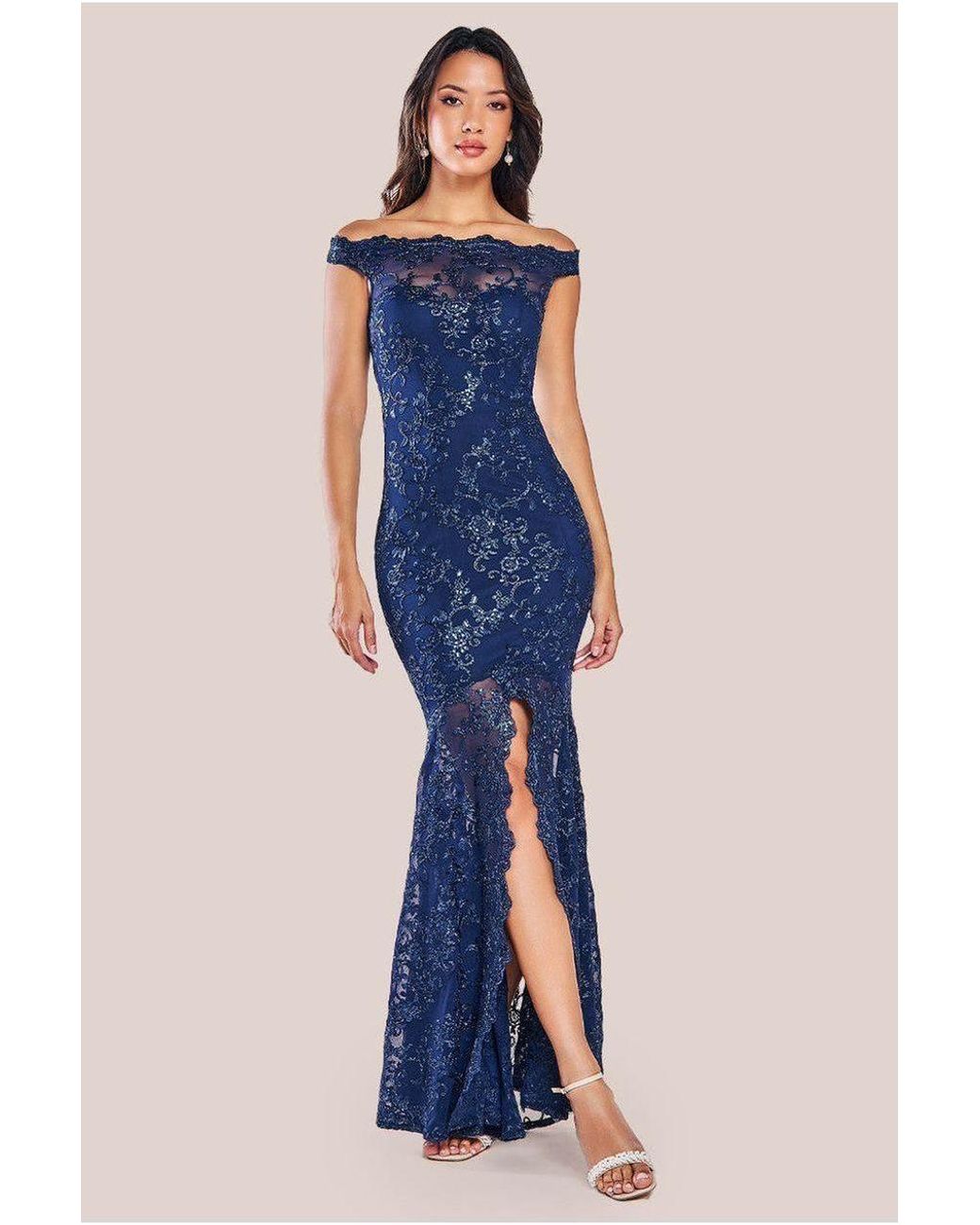 Goddiva Blue Lace Scallop Edge Mermaid Maxi Dress